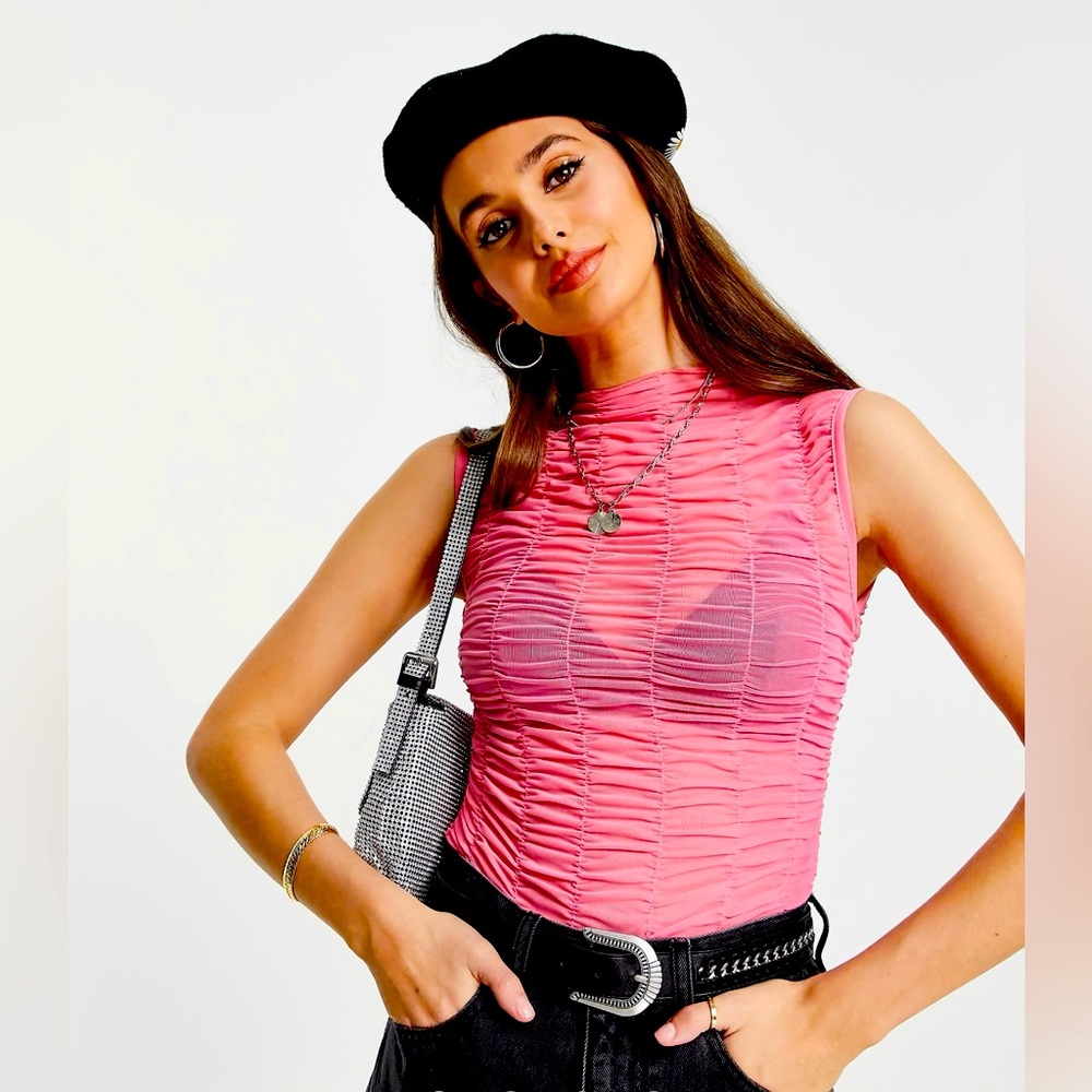 Top shop Ruched Mesh Tank Top in Pink NWT